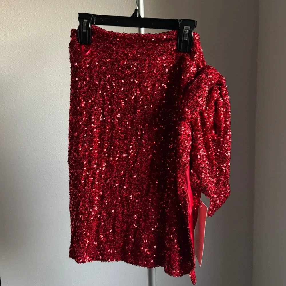 Never Fully Dressed Red Sequin Wrap Mini Skirt